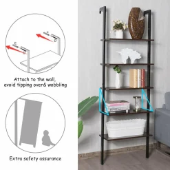 Tangkula Industrial Ladder Shelf Against The Wall, 5-Tier Wall Mount Ladder Bookshelf with Metal Frame