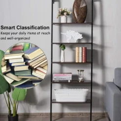 Tangkula Industrial Ladder Shelf Against The Wall, 5-Tier Wall Mount Ladder Bookshelf with Metal Frame