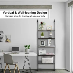 Tangkula Industrial Ladder Shelf Against The Wall, 5-Tier Wall Mount Ladder Bookshelf with Metal Frame