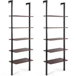 Tangkula Industrial Ladder Shelf Against The Wall, 5-Tier Wall Mount Ladder Bookshelf with Metal Frame