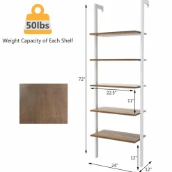 Tangkula Industrial Ladder Shelf Against The Wall, 5-Tier Wall Mount Ladder Bookshelf with Metal Frame