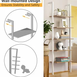 Tangkula Industrial Ladder Shelf Against The Wall, 5-Tier Wall Mount Ladder Bookshelf with Metal Frame
