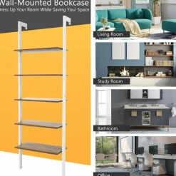 Tangkula Industrial Ladder Shelf Against The Wall, 5-Tier Wall Mount Ladder Bookshelf with Metal Frame