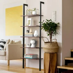 Tangkula Industrial Ladder Shelf Against The Wall, 5-Tier Wall Mount Ladder Bookshelf with Metal Frame
