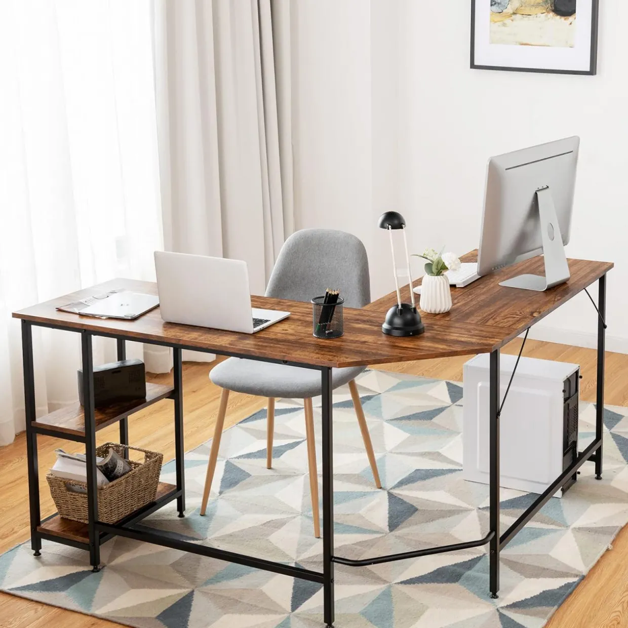 Tangkula Industrial L-Shaped Computer Desk, Space-Saving Corner Desk with Storage Bookshelves
