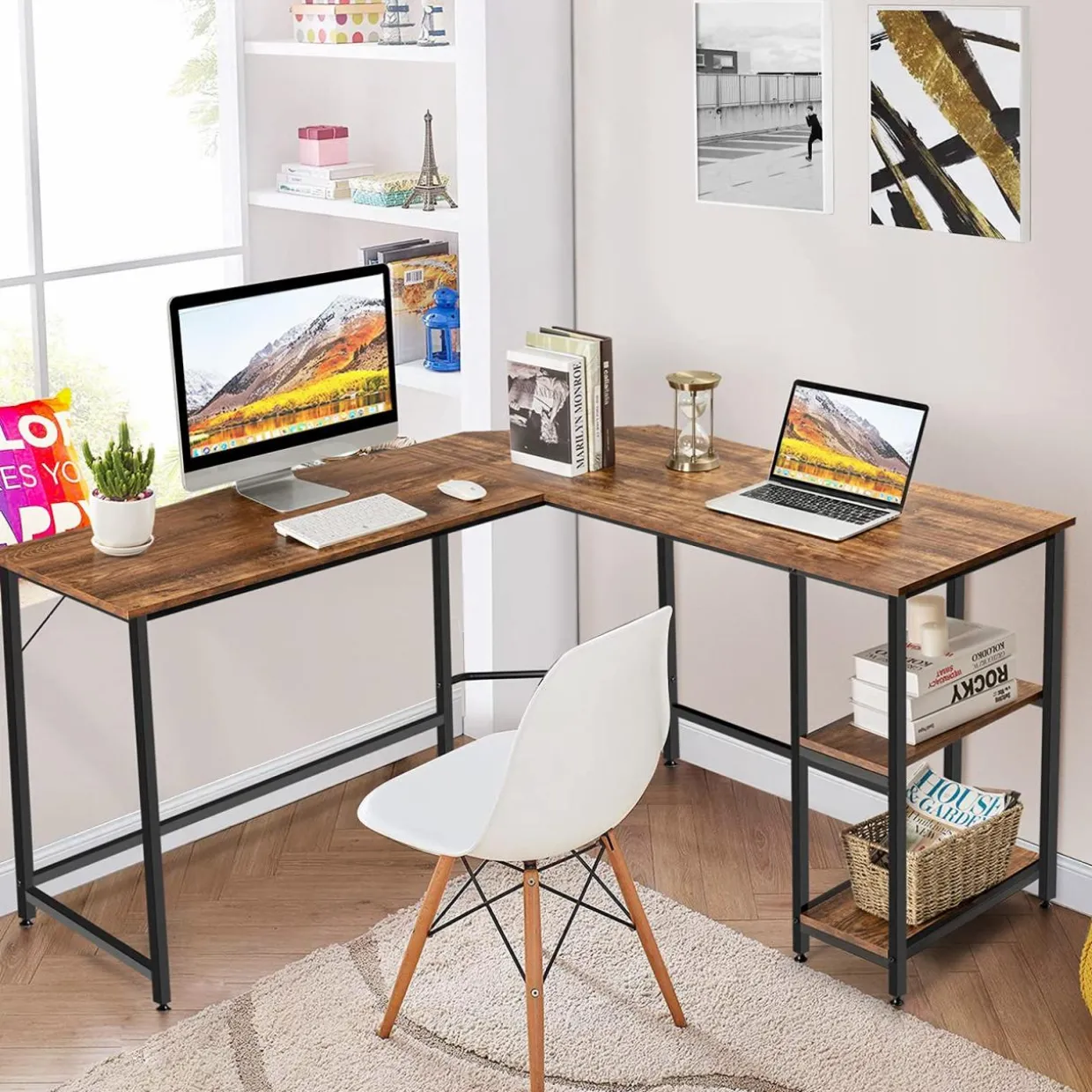 Tangkula Industrial L-Shaped Computer Desk, Space-Saving Corner Desk with Storage Bookshelves