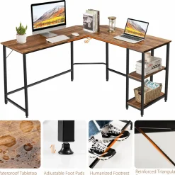 Tangkula Industrial L-Shaped Computer Desk, Space-Saving Corner Desk with Storage Bookshelves