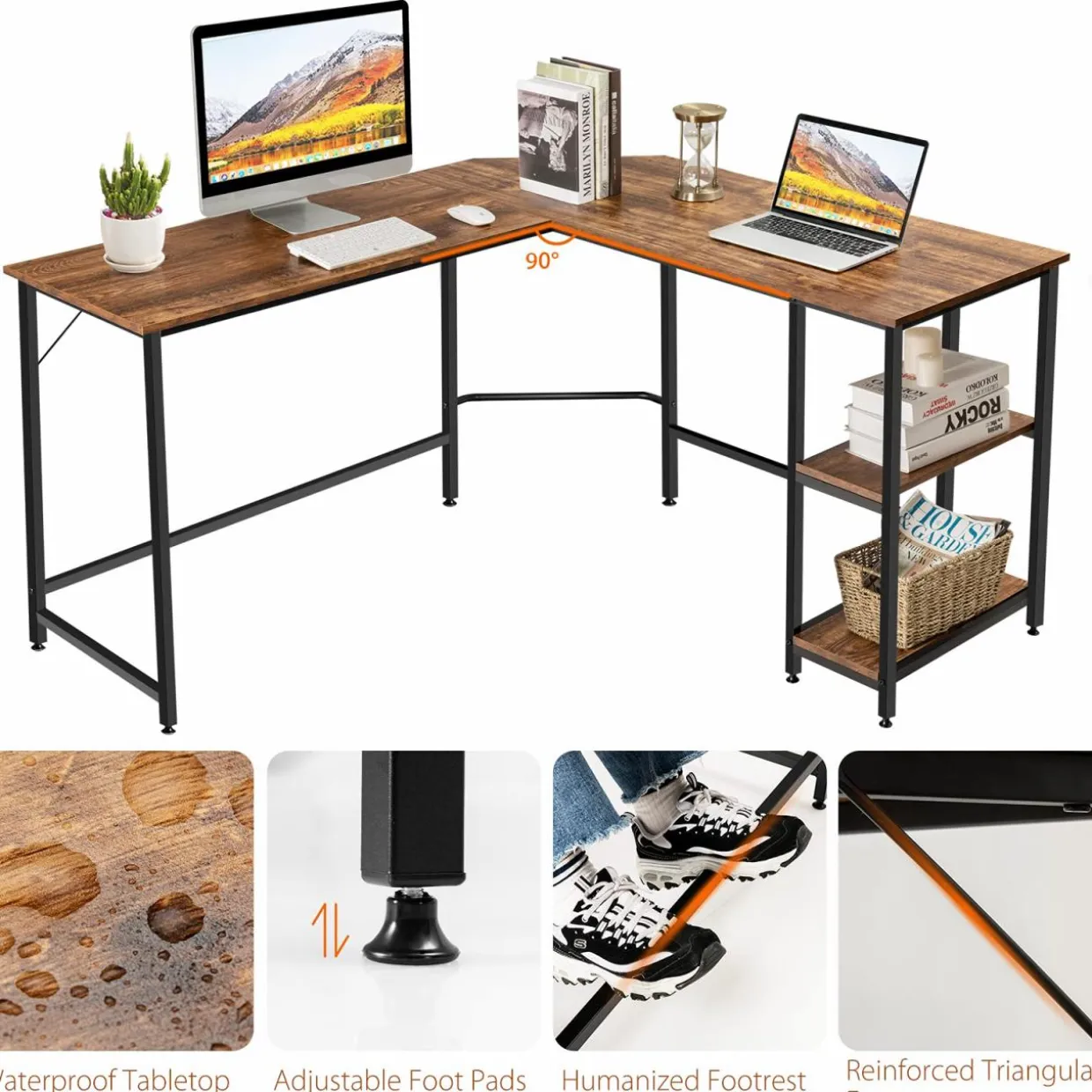 Tangkula Industrial L-Shaped Computer Desk, Space-Saving Corner Desk with Storage Bookshelves