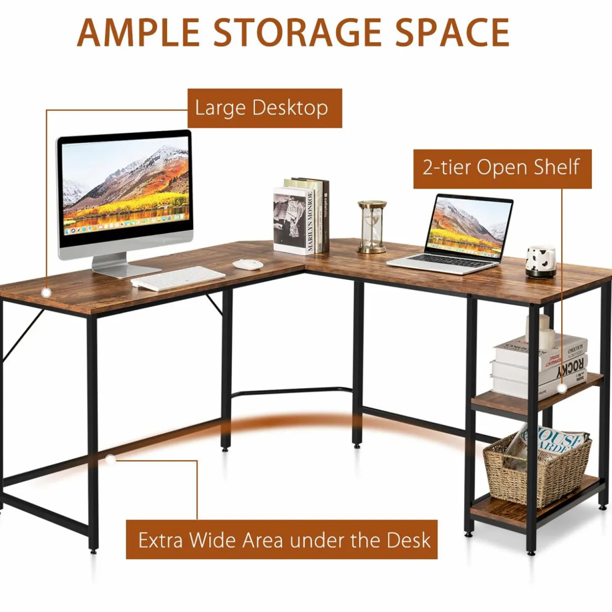 Tangkula Industrial L-Shaped Computer Desk, Space-Saving Corner Desk with Storage Bookshelves