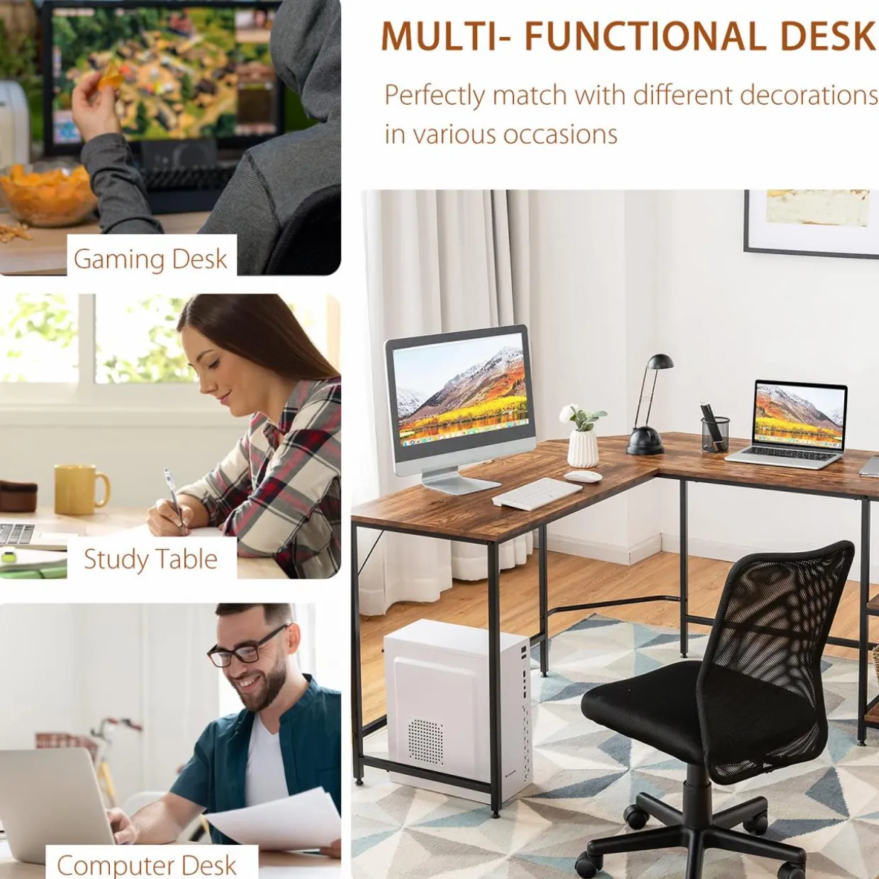 Tangkula Industrial L-Shaped Computer Desk, Space-Saving Corner Desk with Storage Bookshelves