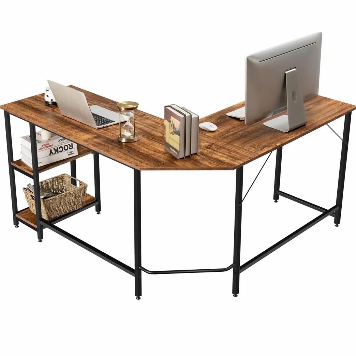 Tangkula Industrial L-Shaped Computer Desk, Space-Saving Corner Desk with Storage Bookshelves