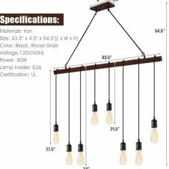 Tangkula Industrial Multi Pendant Light, 8-Light Iron Rustic Island Chandelier, Suspension Line Can Be Adjusted Freely