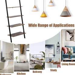 Tangkula Industrial 4-Tier Ladder Shelf, Against The Wall Bookcase for Living Room & Office