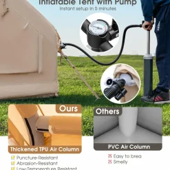 Tangkula Inflatable Camping Tent with Pump, 4-6 People Outdoor Blow Up Cabin Tent with 7 Mesh Windows
