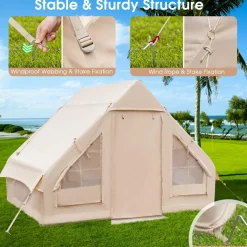 Tangkula Inflatable Camping Tent with Pump, 4-6 People Outdoor Blow Up Cabin Tent with 7 Mesh Windows