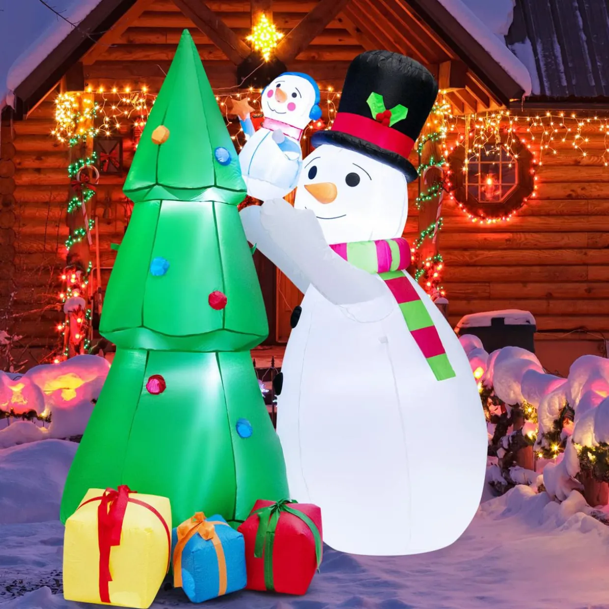 Tangkula Inflatable christmas Snowman, Santa Claus, Built-in Colorful LED Lights