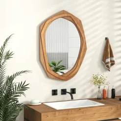 Tangkula Irregular Wood Framed Mirror, 35" x26" Large Farmhouse Decorative Mirror