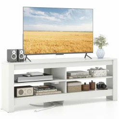 Tangkula 55''L Corner TV Stand with Power Outlet, TV Console Table with 4 Open Storage Shelves
