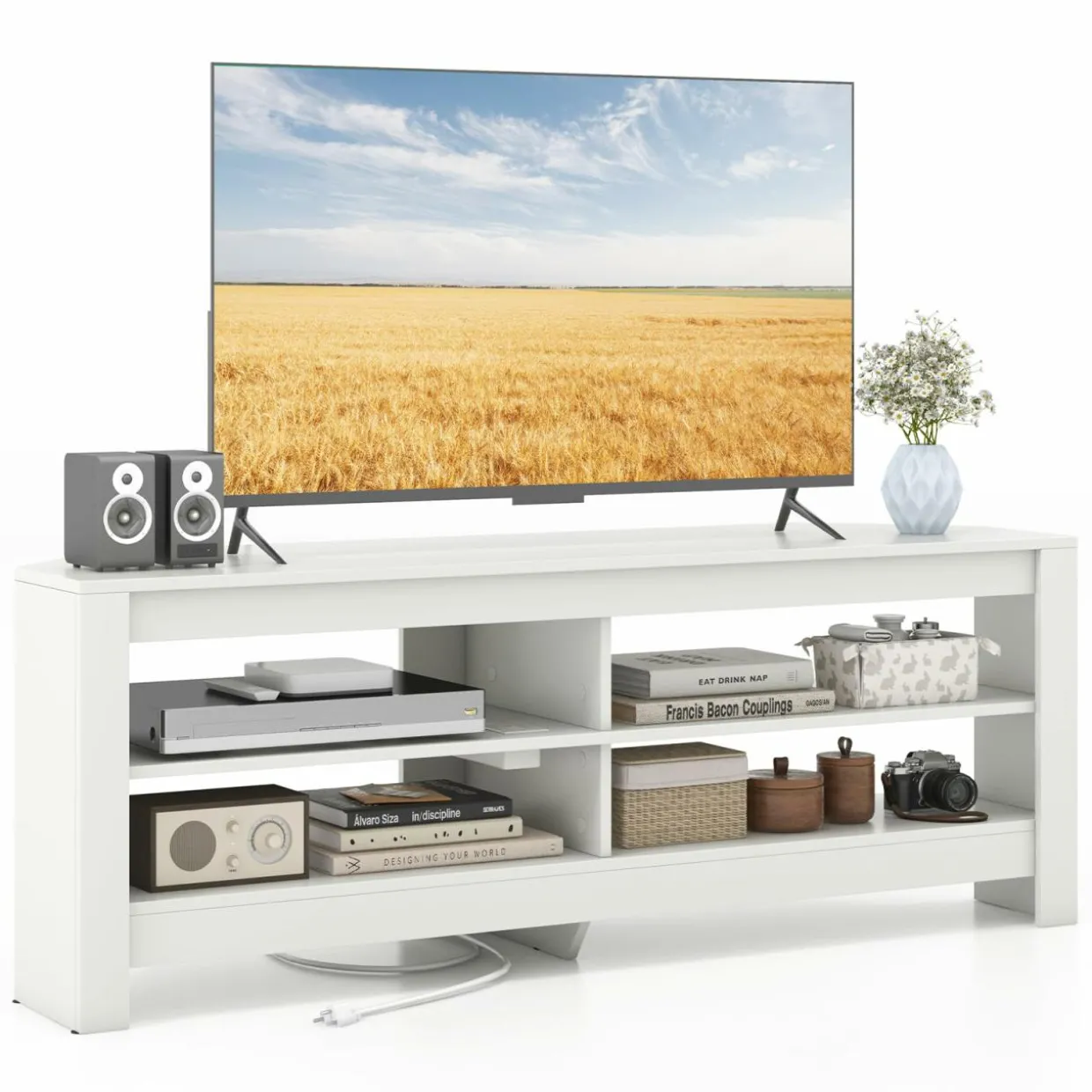 Tangkula 55''L Corner TV Stand with Power Outlet, TV Console Table with 4 Open Storage Shelves