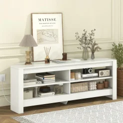 Tangkula 55''L Corner TV Stand with Power Outlet, TV Console Table with 4 Open Storage Shelves