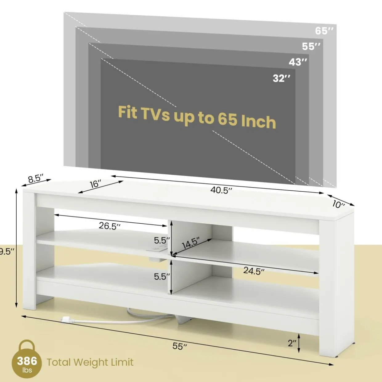 Tangkula 55''L Corner TV Stand with Power Outlet, TV Console Table with 4 Open Storage Shelves