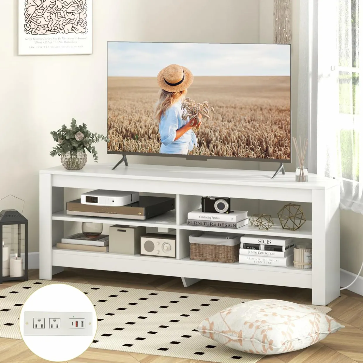 Tangkula 55''L Corner TV Stand with Power Outlet, TV Console Table with 4 Open Storage Shelves