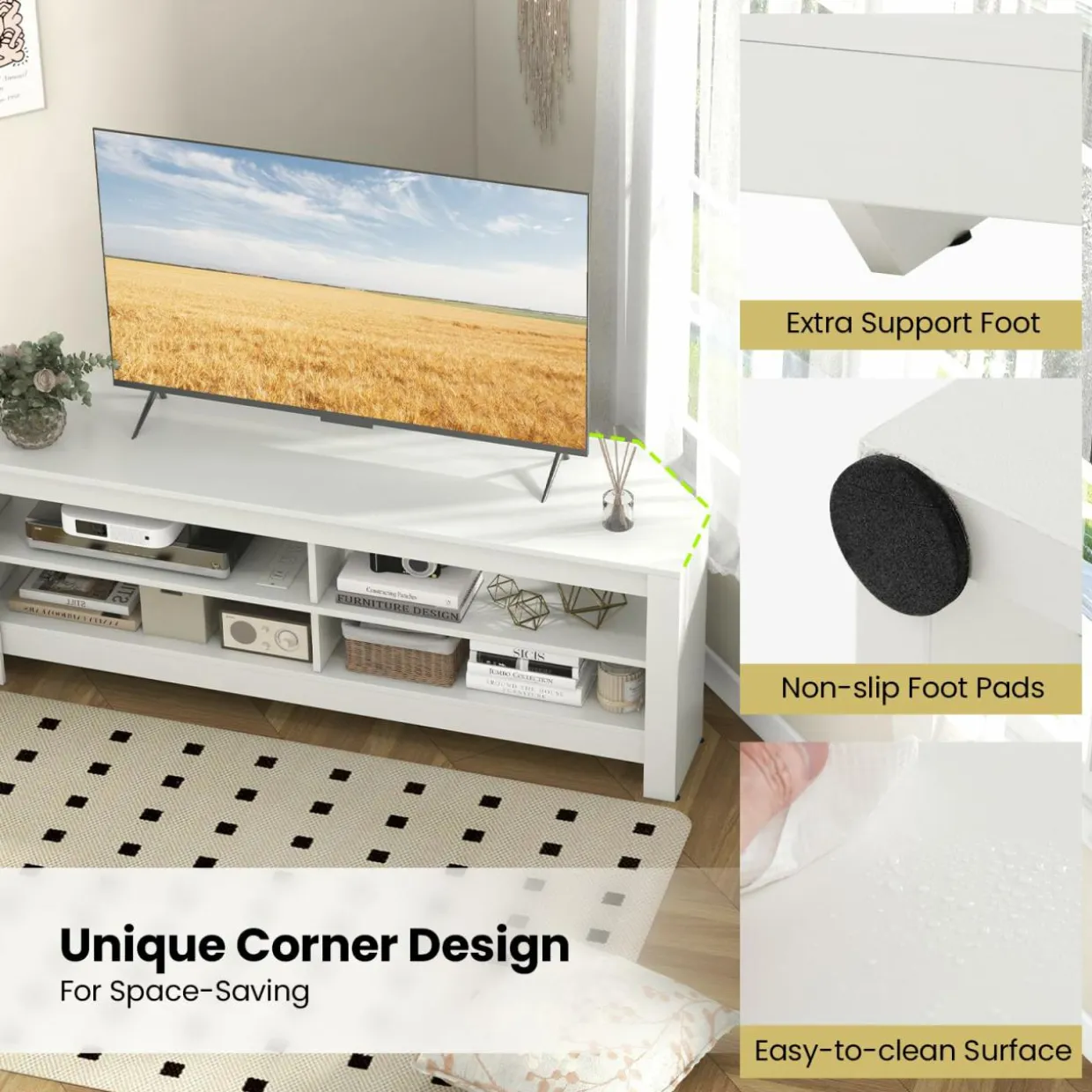 Tangkula 55''L Corner TV Stand with Power Outlet, TV Console Table with 4 Open Storage Shelves