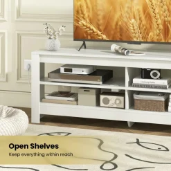 Tangkula 55''L Corner TV Stand with Power Outlet, TV Console Table with 4 Open Storage Shelves