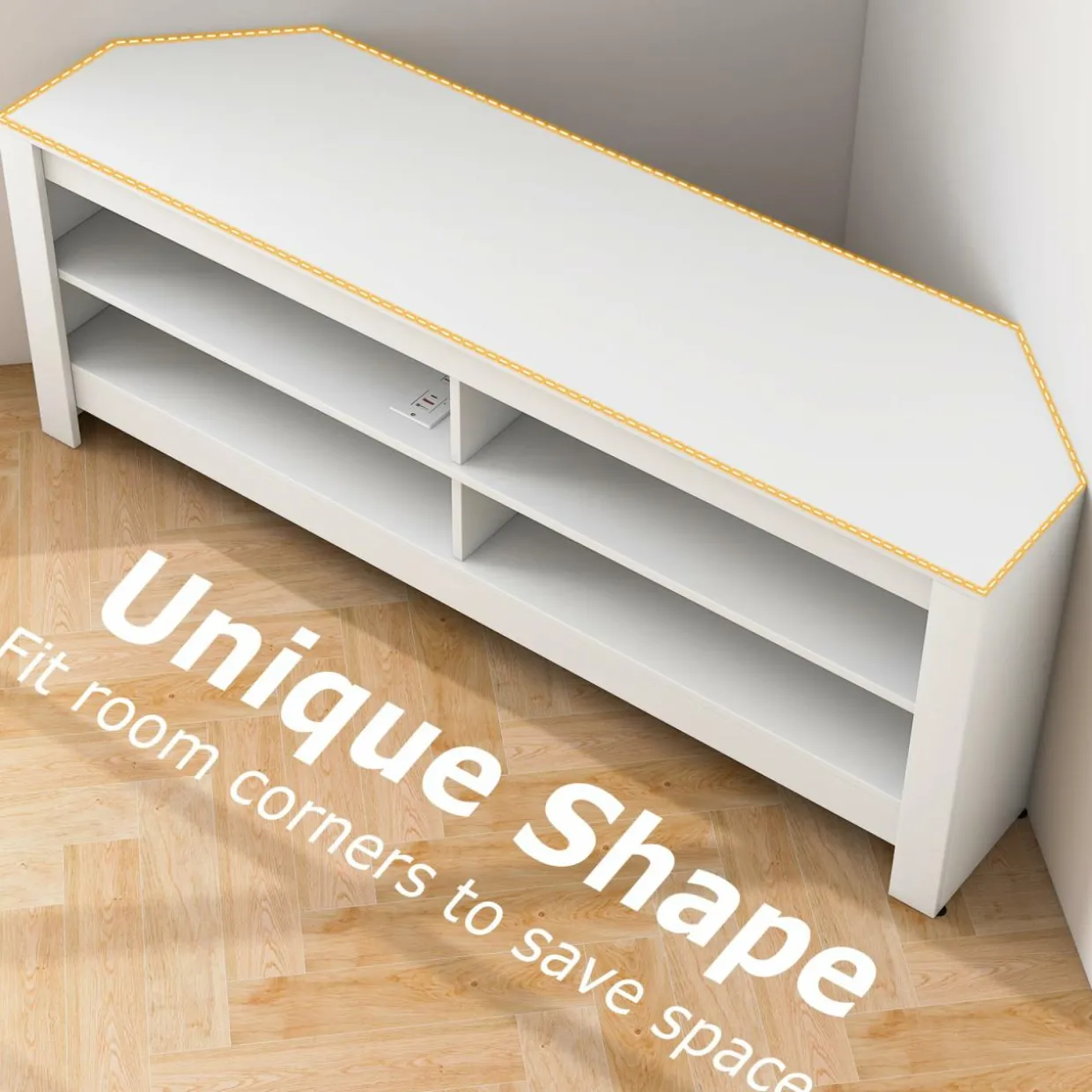 Tangkula 55''L Corner TV Stand with Power Outlet, TV Console Table with 4 Open Storage Shelves
