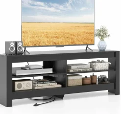 Tangkula 55''L Corner TV Stand with Power Outlet, TV Console Table with 4 Open Storage Shelves