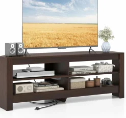 Tangkula 55''L Corner TV Stand with Power Outlet, TV Console Table with 4 Open Storage Shelves