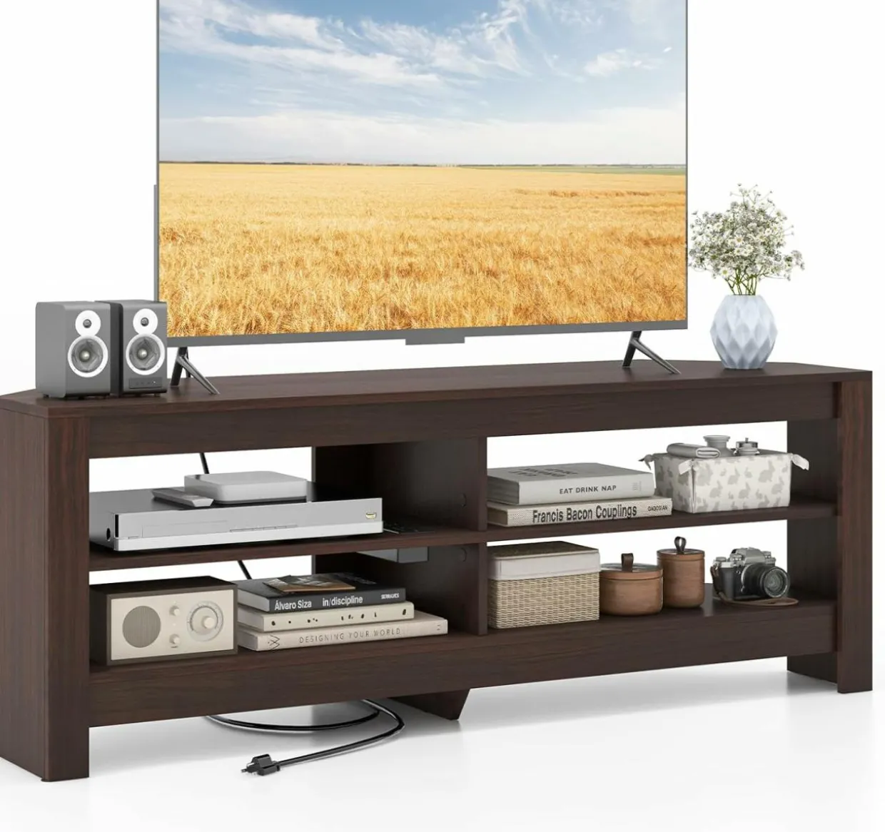 Tangkula 55''L Corner TV Stand with Power Outlet, TV Console Table with 4 Open Storage Shelves