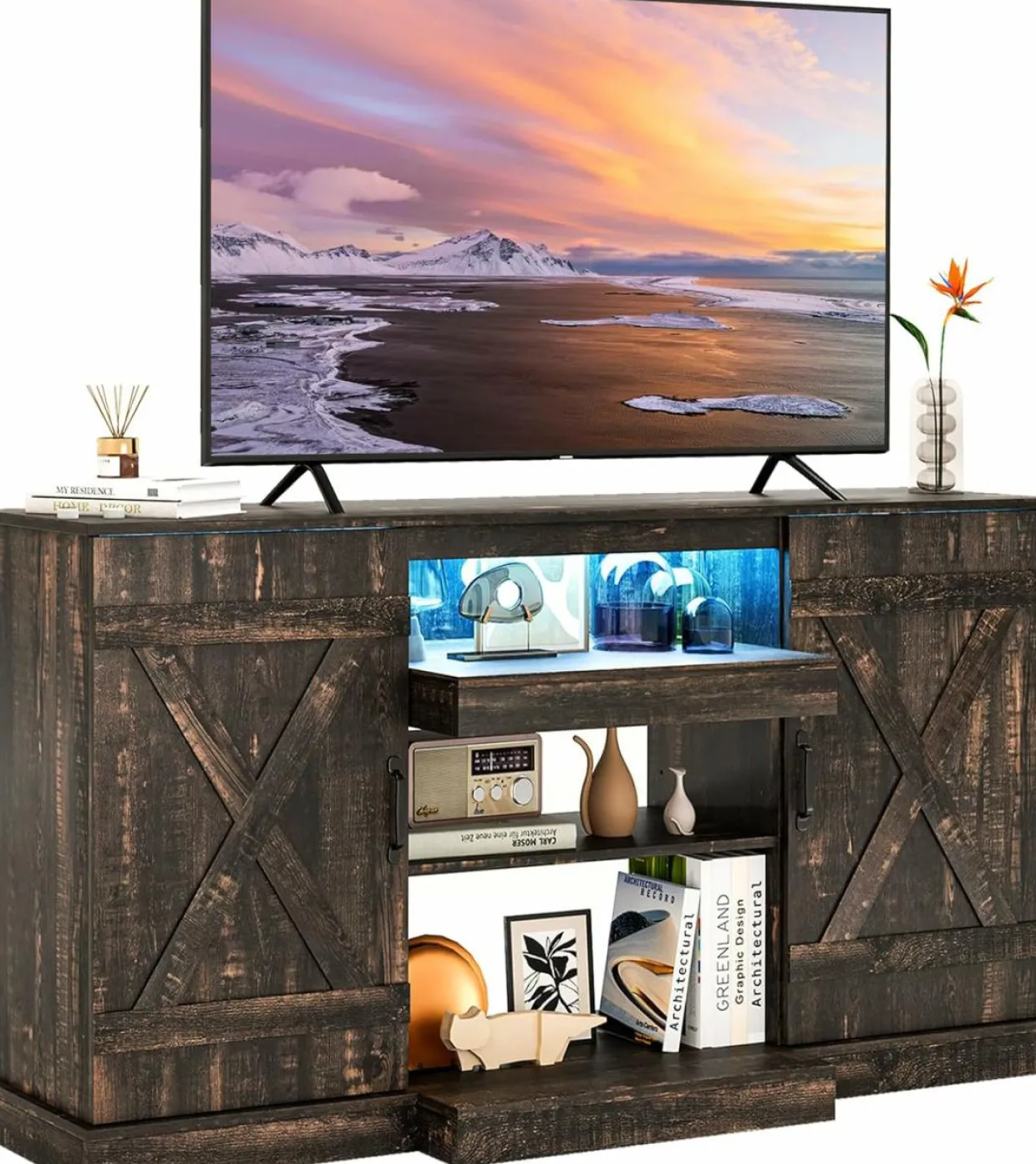 Tangkula 58”L Farmhouse TV Stand for TV up to 65 Inch