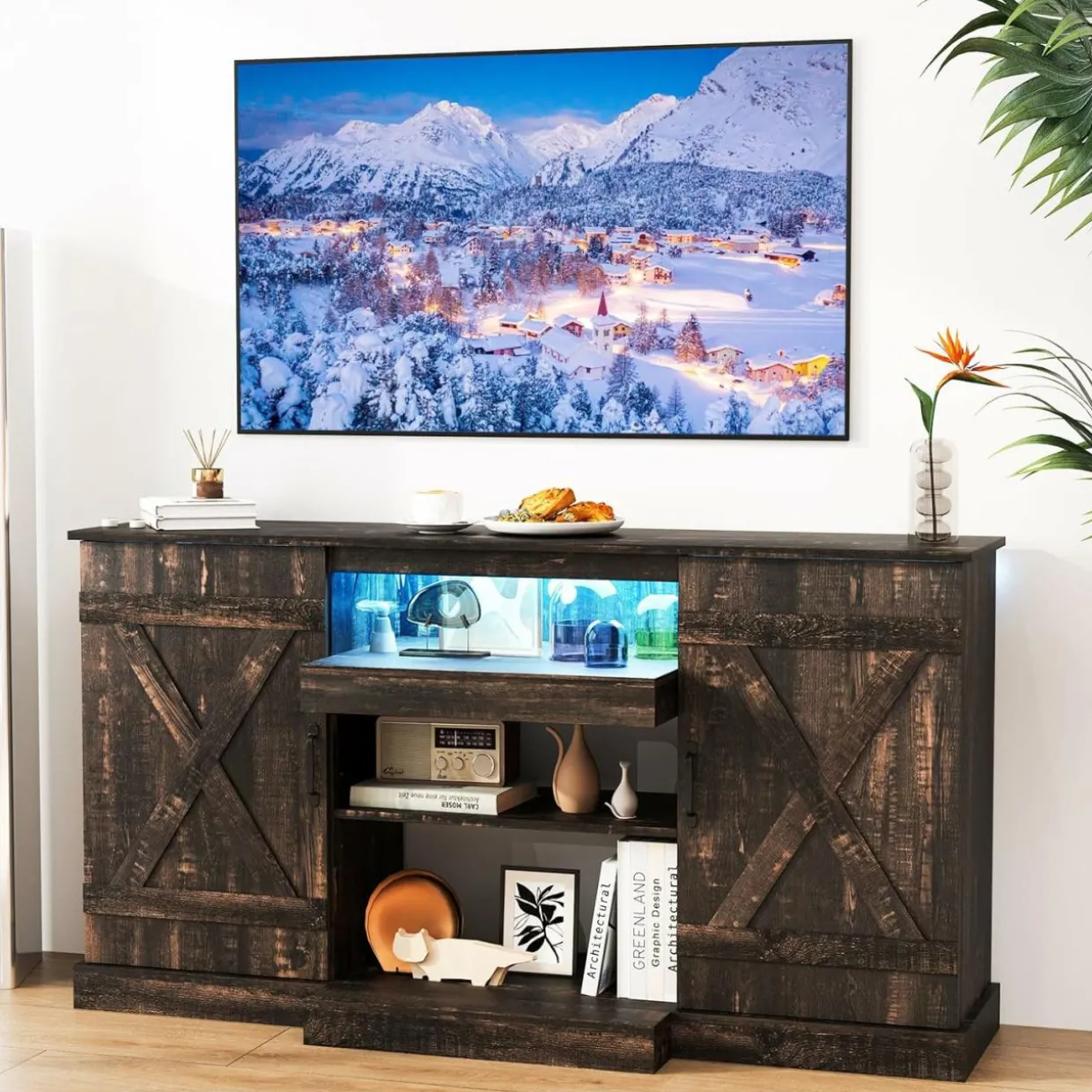 Tangkula 58”L Farmhouse TV Stand for TV up to 65 Inch