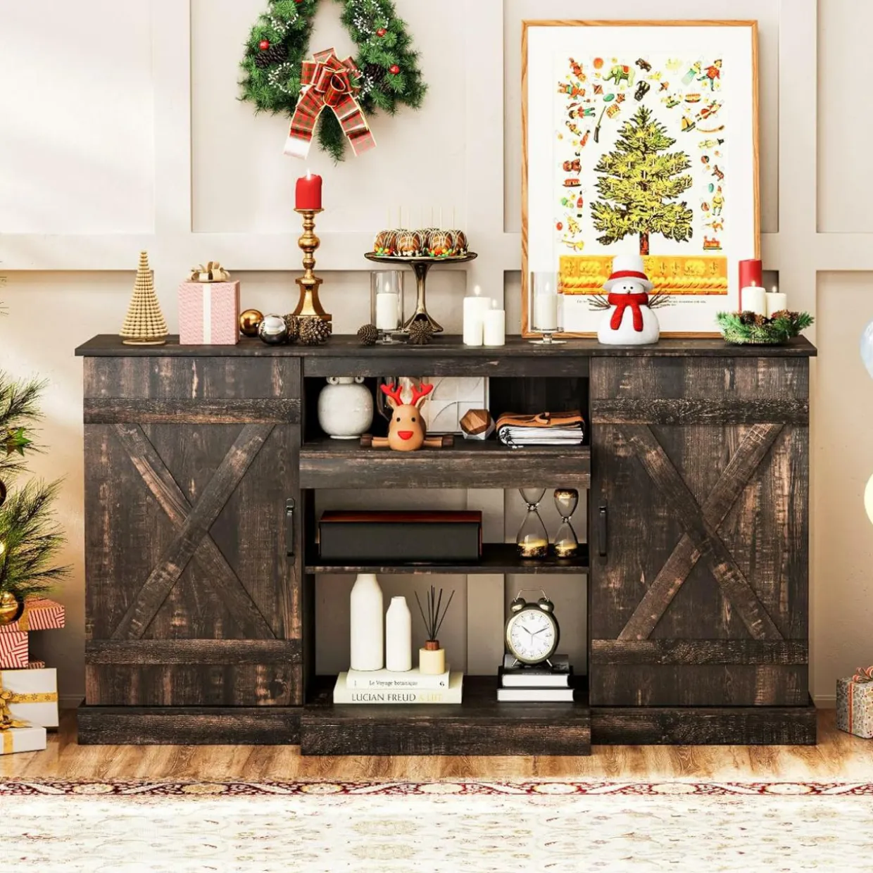 Tangkula 58”L Farmhouse TV Stand for TV up to 65 Inch
