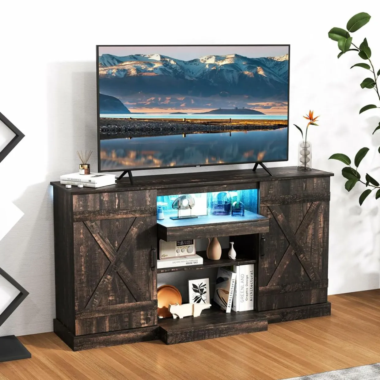 Tangkula 58”L Farmhouse TV Stand for TV up to 65 Inch