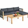 Tangkula L Shape Outdoor Furniture Set, 3 Piece Acacia Wood Patio Conversation Set