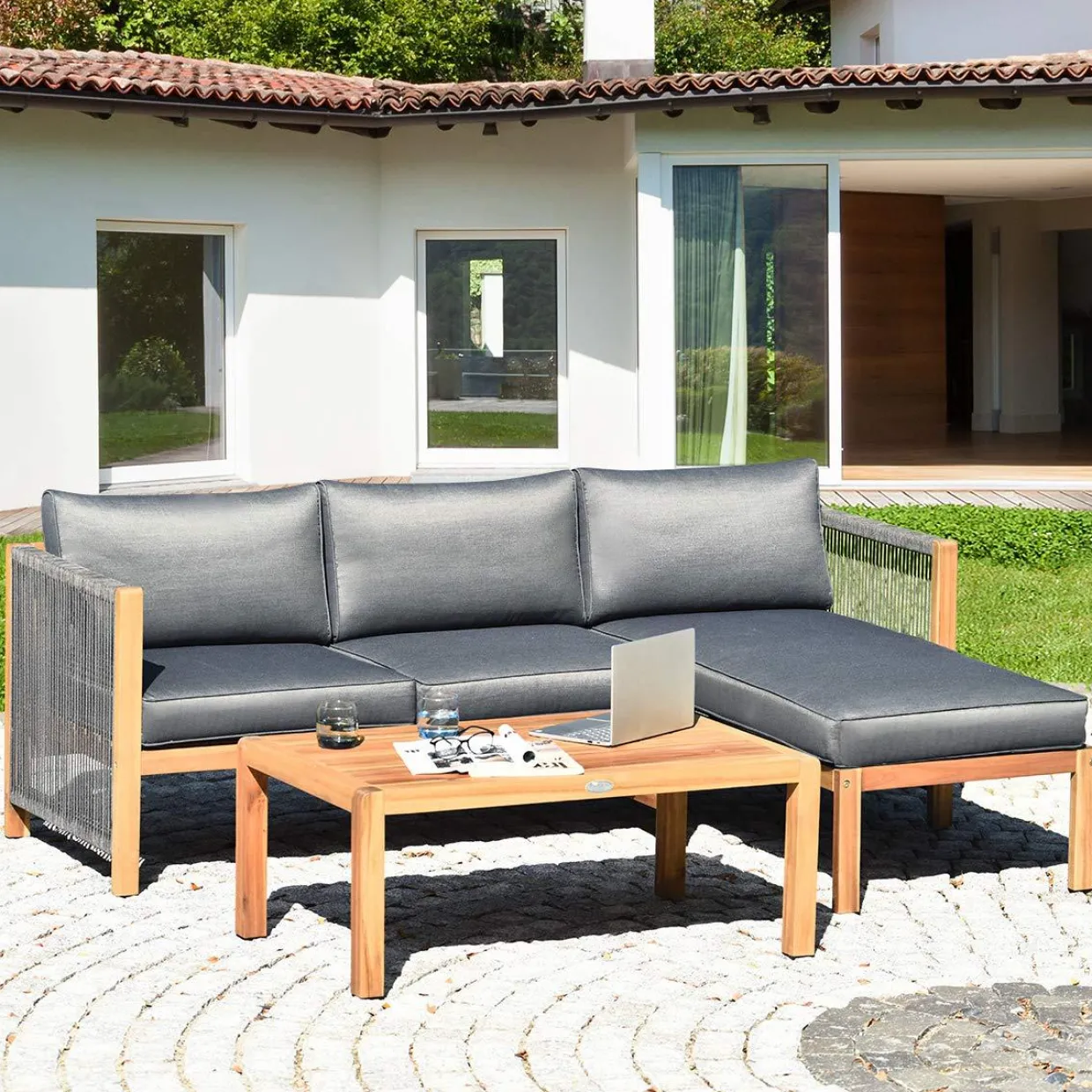 Tangkula L Shape Outdoor Furniture Set, 3 Piece Acacia Wood Patio Conversation Set