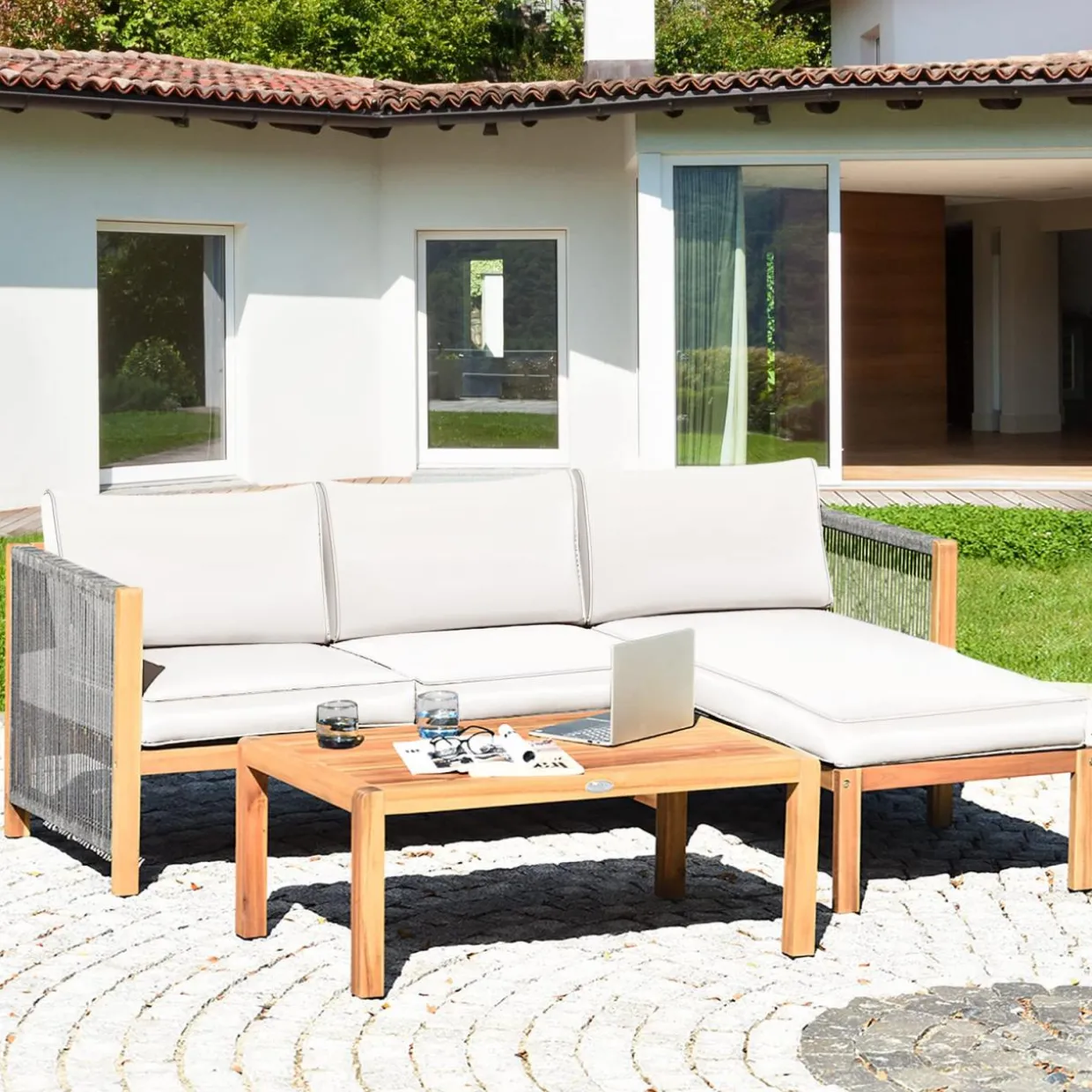 Tangkula L Shape Outdoor Furniture Set, 3 Piece Acacia Wood Patio Conversation Set