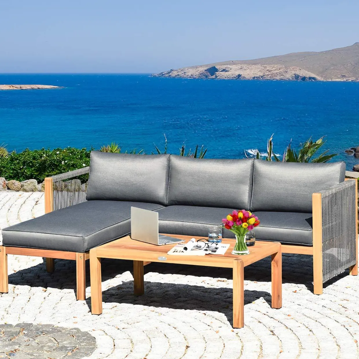 Tangkula L Shape Outdoor Furniture Set, 3 Piece Acacia Wood Patio Conversation Set
