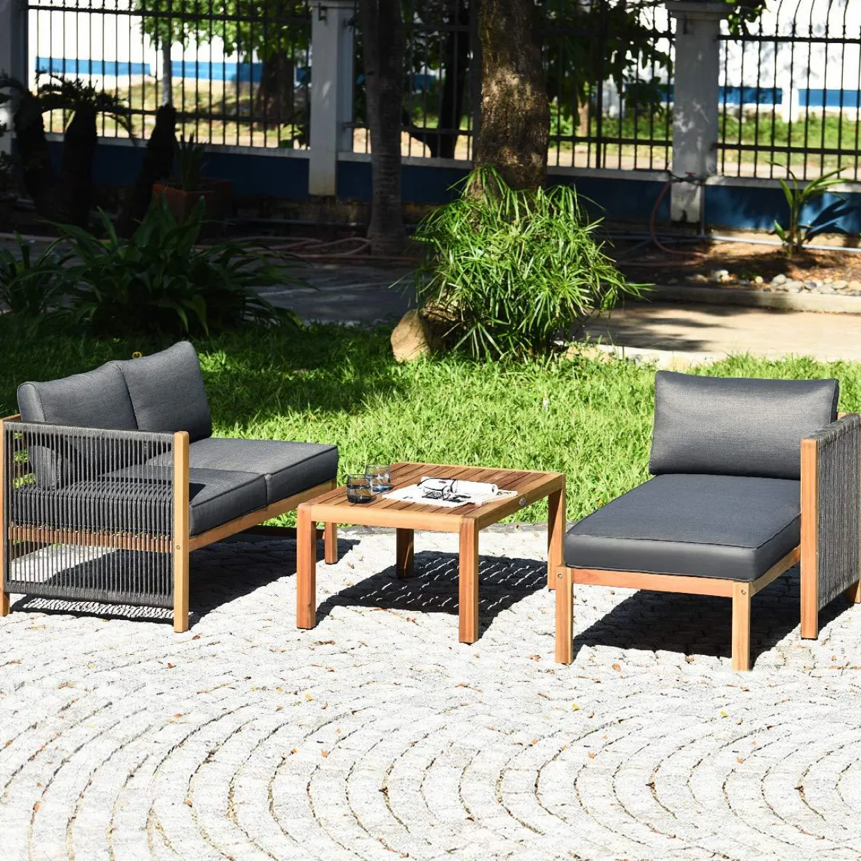 Tangkula L Shape Outdoor Furniture Set, 3 Piece Acacia Wood Patio Conversation Set