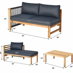 Tangkula L Shape Outdoor Furniture Set, 3 Piece Acacia Wood Patio Conversation Set