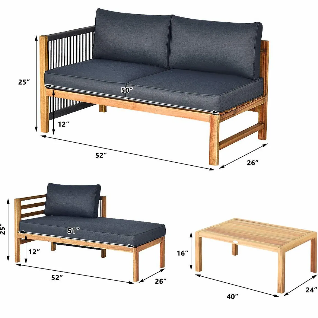 Tangkula L Shape Outdoor Furniture Set, 3 Piece Acacia Wood Patio Conversation Set