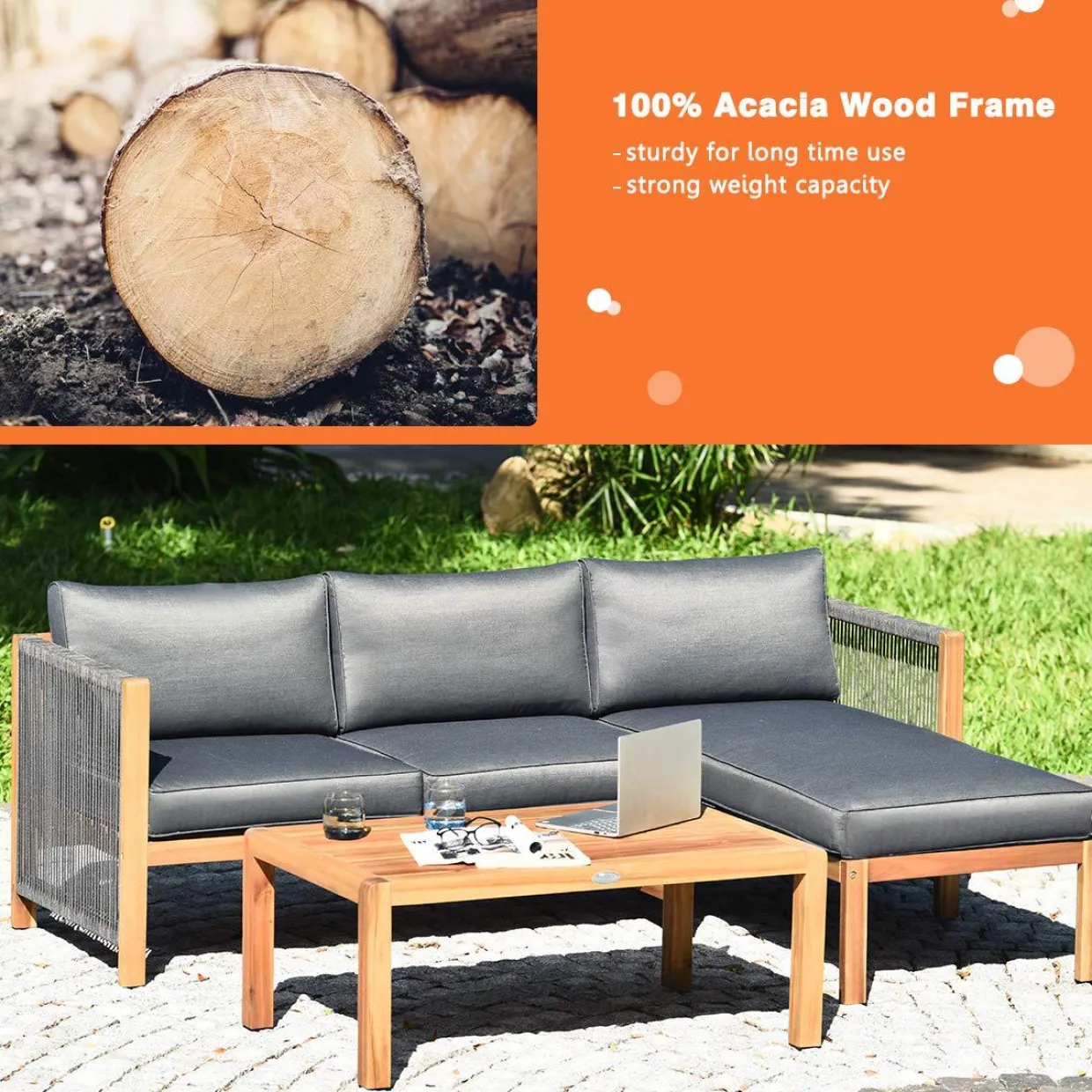 Tangkula L Shape Outdoor Furniture Set, 3 Piece Acacia Wood Patio Conversation Set