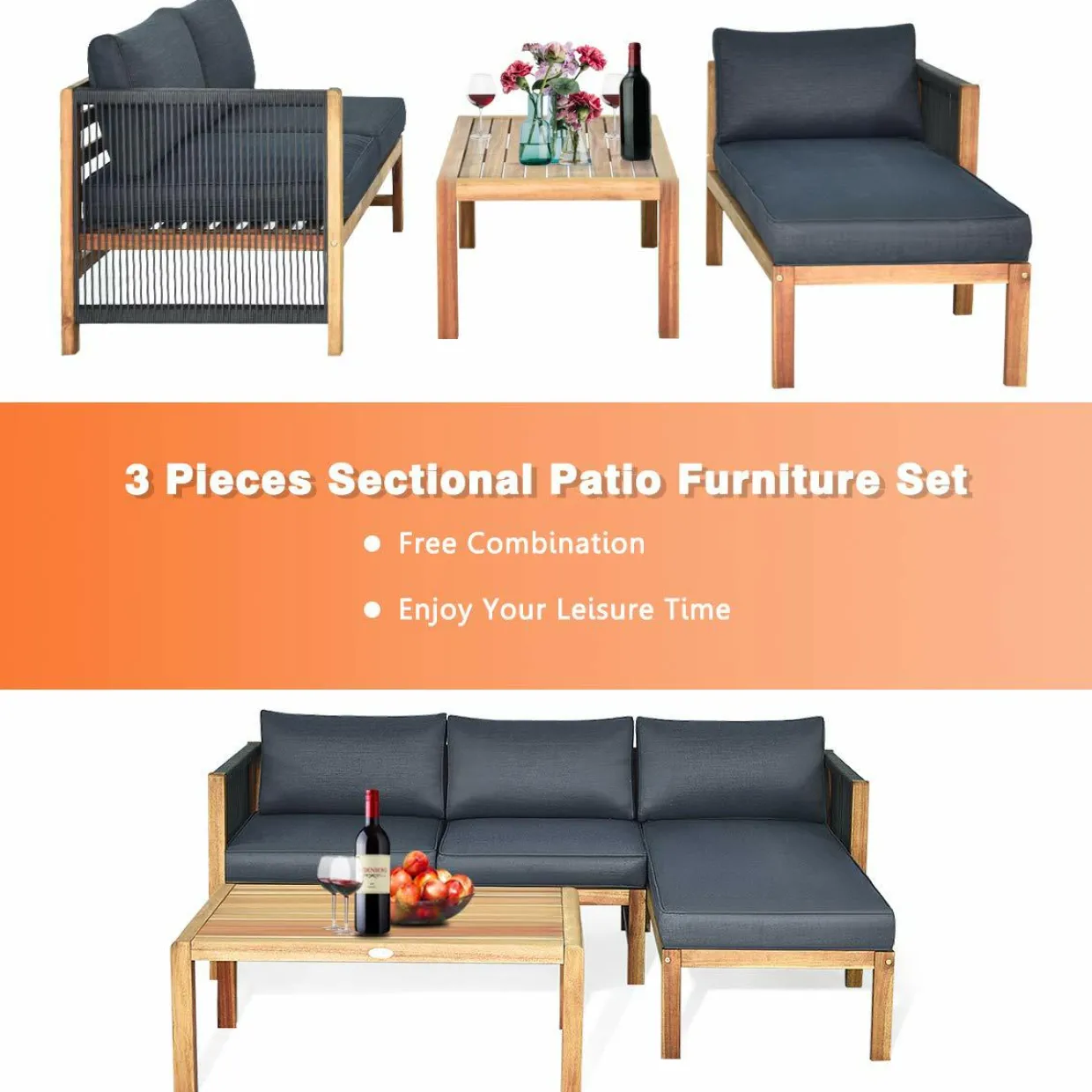 Tangkula L Shape Outdoor Furniture Set, 3 Piece Acacia Wood Patio Conversation Set