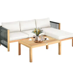 Tangkula L Shape Outdoor Furniture Set, 3 Piece Acacia Wood Patio Conversation Set