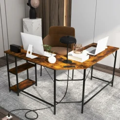 Tangkula L Shaped Computer Desk, Corner Home Office Desk with 2 Outlets & 2 USB Ports