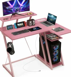 Tangkula L Shaped Gaming Desk with Power Outlets, Small Gaming Computer Desk 39inch with Storage Shelf