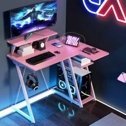 Tangkula L Shaped Gaming Desk with Power Outlets, Small Gaming Computer Desk 39inch with Storage Shelf