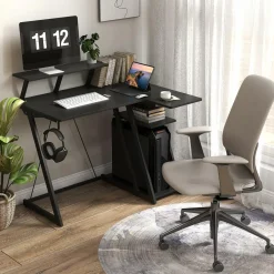 Tangkula L Shaped Gaming Desk with Power Outlets, Small Gaming Computer Desk 39inch with Storage Shelf